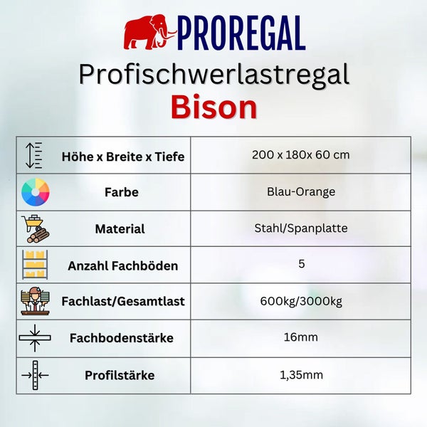 PROREGAL Profi Schwerlastregal Bison HxBxT 200 x 180 x 60 cm 5 Spanplatten-Ebenen 16mm Fachlast 600 kg Blau-Orange