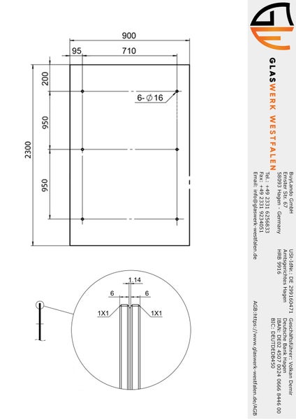 Technische Zeichnung einer Glasplatte 2300 mal 900 Millimeter mit sechs Bohrungen 16 Millimeter Durchmesser. Glaswerk Westfalen Logo.