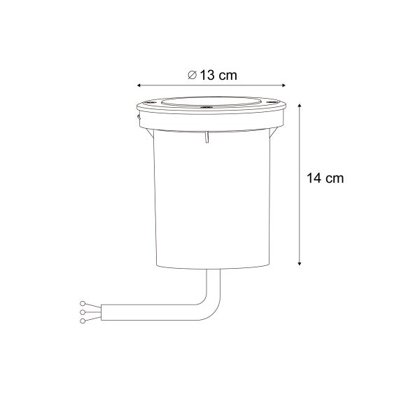 Technische Zeichnung eines zylindrischen Bodeneinbaustrahlers mit einem Durchmesser von 13 Zentimetern und einer Höhe von 14 Zentimetern.