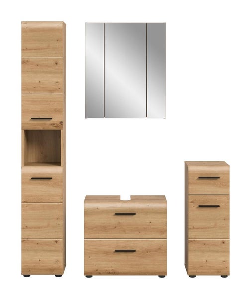 Badezimmer-Möbelset in Eiche-Optik mit schwarzen Griffen: Hochschrank, Spiegelschrank, Waschbeckenunterschrank und Unterschrank.