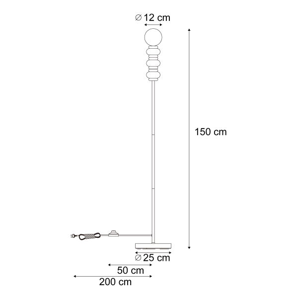 Technische Zeichnung einer 150 Zentimeter Stehlampe mit einem Durchmesser von 12 Zentimetern am Lampenkopf und einem Fußdurchmesser von 25 Zentimetern.