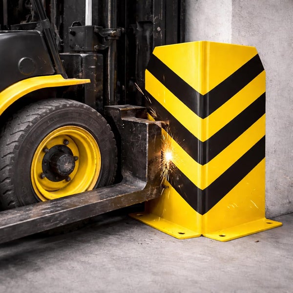 Gelb-schwarz gestreifter Eck-Rammschutz aus Stahl bei einem Aufprall durch einen Gabelstapler.