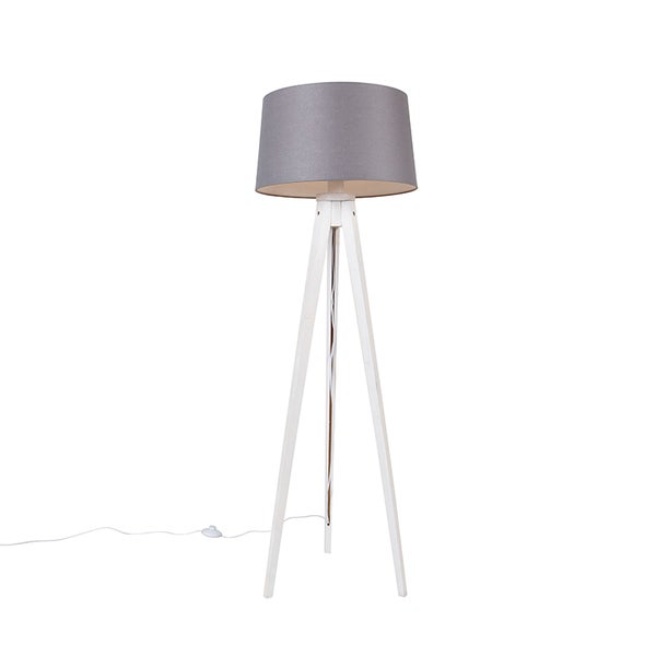 QAZQA - Klassisch I Antik Modernes Stativ weiß mit Leinenschirm dunkelgrau 45 cm - Tripod I Dreifuß Lampe I Dreifuss Classic I Wohnzimmer I Schlafzimmer - Holz Länglich I Rund - LED geeignet E27