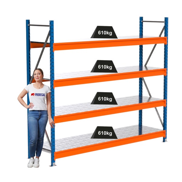 Lagerregal mit vier Ebenen und einer maximalen Traglast von 610 Kilogramm pro Ebene