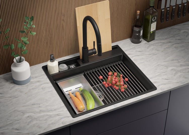 PRIMAGRAN Spülbecken Schwarz 58x53cm, Granitspüle 1 Becken + Ablauf-Set + Küchenzubehörset, Küchenspüle ab 60er Unterschrank - Oslo Pocket