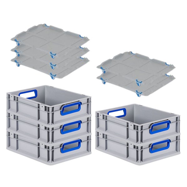 PROREGAL Spar Set 5x Eurobox Nextgen Color Mit Auflagedeckel & Schiebeschnappverschlüsse HxBxT 12 x 30 x 40 cm Griffe Blau Offen Glatter Boden