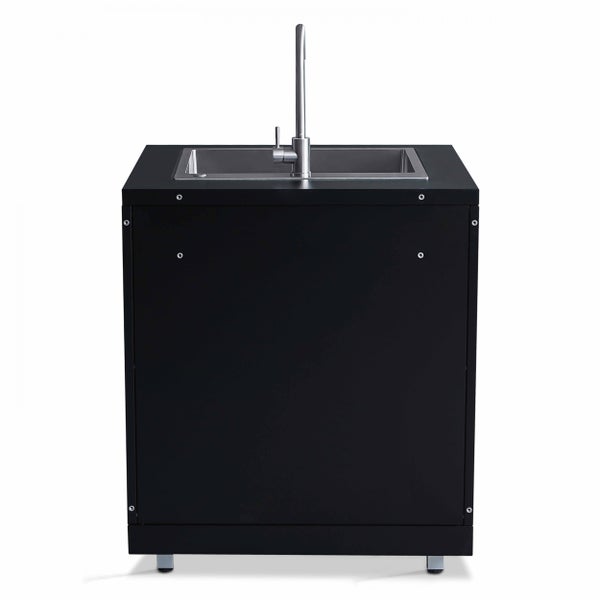 Außenküchenmodul mit schwarzem Korpus, Edelstahlspüle und hohem Wasserhahn.