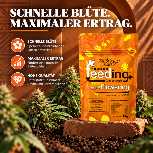 Ein Kilogramm Green House Seed Company Powder Feeding Short Flowering Pflanzendünger für kurzhaltige Sorten in einer Produktverpackung.