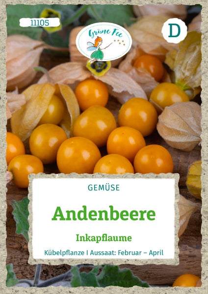 Grüne Fee Logo, Samentüte für Andenbeere Inkapflaume, Gemüse zur Aussaat von Februar bis April, geeignet für Kübel.