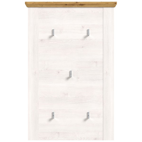 Garderobenpaneel aus Holzwerkstoff in weißer Pinien-Optik mit Hutablage in Eichen-Optik und fünf Metallhaken.