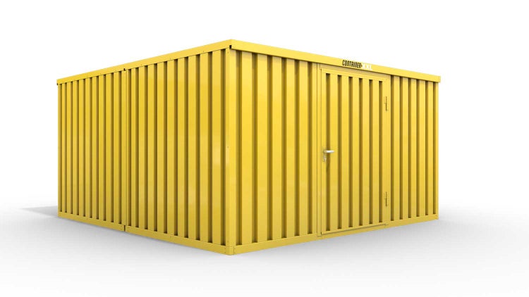 Lagercontainer M2  – 12 qm, H2150 x B3050 x T4340 mm, Außenwandlackierung RAL 1003 signalgelb, Dach außen verzinkt, mit Holzfußboden, 1270 mm Einflügeltür mittig in Breitseite, montiert