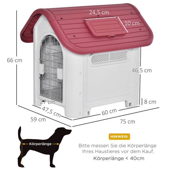 PawHut Hundehütte, Outdoor Hundehaus mit Dachluke Tor, 59 x 75 x 66 cm, Metall, Kunststoff, Rot+Hellgrau