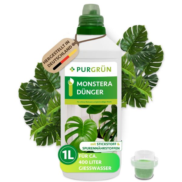 Flasche Purgrün Monstera-Dünger, 1 Liter, für circa 400 Liter Gießwasser, mit Stickstoff und Spurennährstoffen, hergestellt in Deutschland.