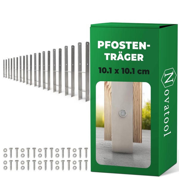 Novatool Pfostenträger in H-Form, 10.1 mal 10.1 Zentimeter, im Set mit passenden Schrauben und Unterlegscheiben.