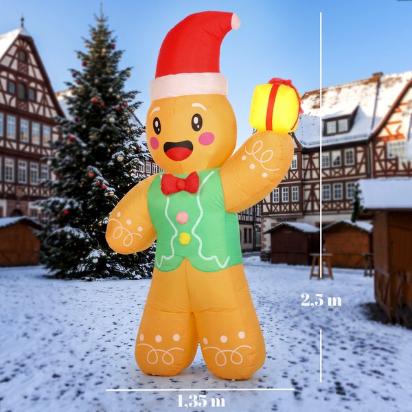 Aufblasbarer Lebkuchenmann als Weihnachtsdekoration, Höhe 2,5 Meter, Breite 1,35 Meter, mit Geschenk und Weihnachtsmütze.