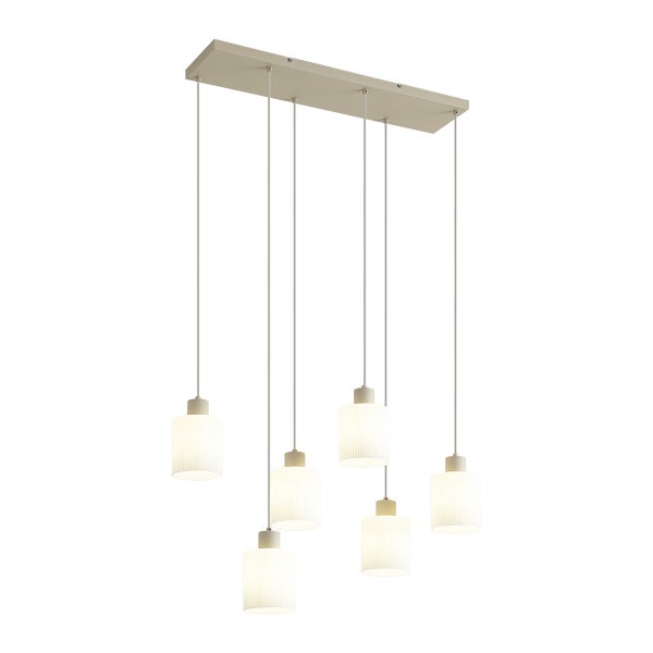 Sechsflammige Pendelleuchte mit geriffelten zylindrischen Schirmen in verschiedenen Höhen und rechteckigem Baldachin.