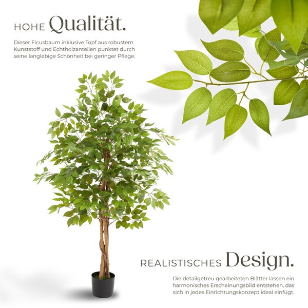 Künstlicher Ficusbaum tectake Fida stabiler Kunststoff-Blumentopf verschiedene Größen grün