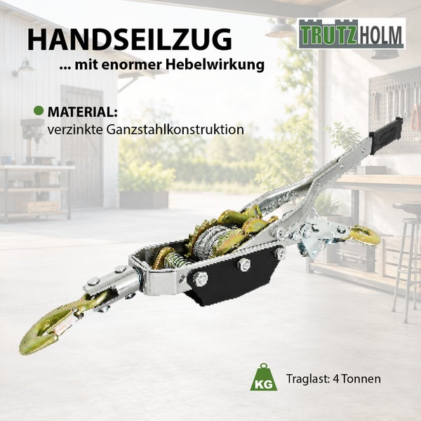 Trutzholm Handseilzug aus verzinkter Ganzstahlkonstruktion mit einer Traglast von 4 Tonnen und Hebelwirkung