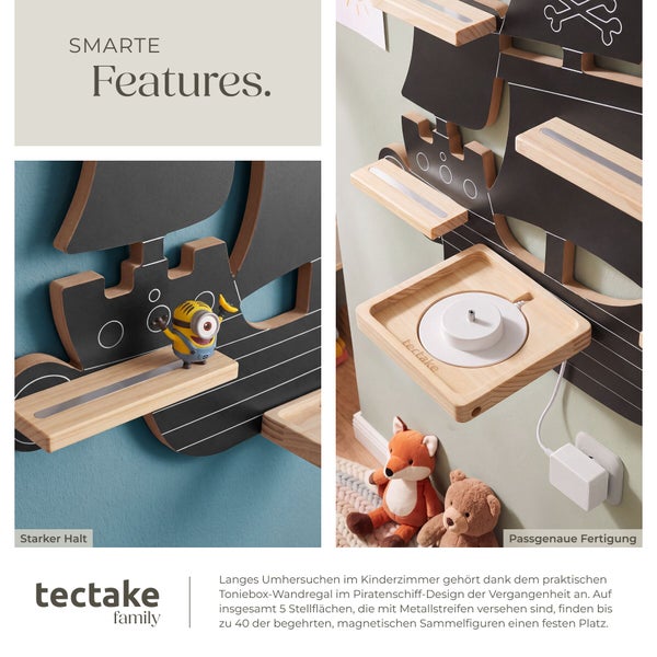 Wandregal für Toniebox im Piratenschiff Design mit fünf Ablageflächen für Toniefiguren aus Holz und Metall von tectake family.