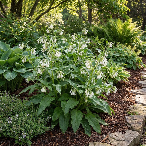 Weiß blühender Beinwell in einem Gartenbeet mit Rindenmulch und Steinumrandung, umgeben von Funkien und Farnen.