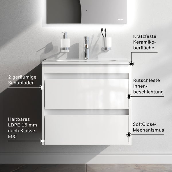 Waschtisch mit zwei Schubladen, kratzfester Keramikoberfläche, rutschfester Innenbeschichtung, Soft-Close-Mechanismus und 16 Millimeter starkem LDPE nach Klasse E05