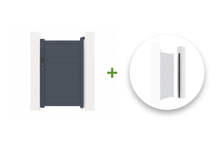 Anthrazitfarbenes Gartentor mit horizontalen Lamellen, Griff und Schloss inklusive Detailansicht der Anschlagschiene.