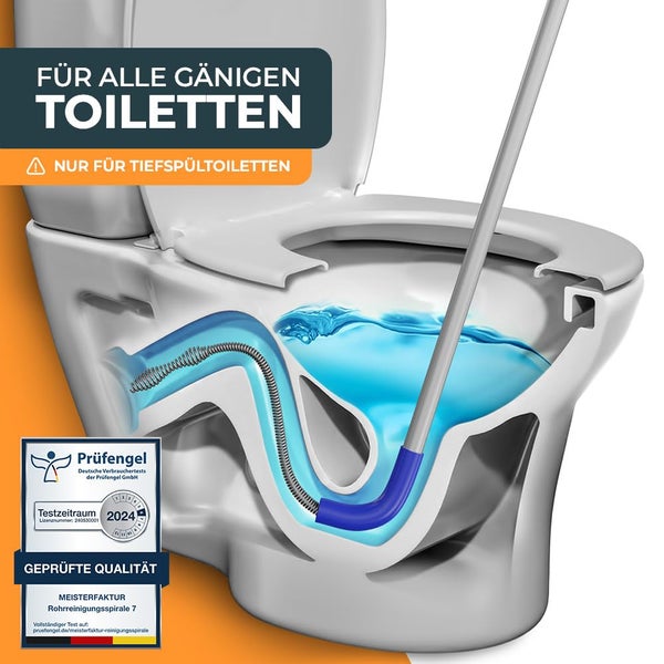Meisterfaktur Rohrreinigungsspirale für Toiletten [1,8m] - Toiletten Spirale für schwere WC Verstopfungen - Dank Silikonschutz ohne Schäden - Sicher Toiletten Verstopfung entfernen!