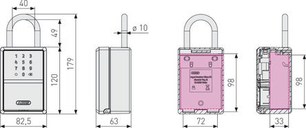 Technische Zeichnung ABUS Schlüsseltresor mit Bügel und ABUS Logo. Maße in Millimeter: außen 82,5 mal 179 mal 63, innen 72 mal 98 mal 33.