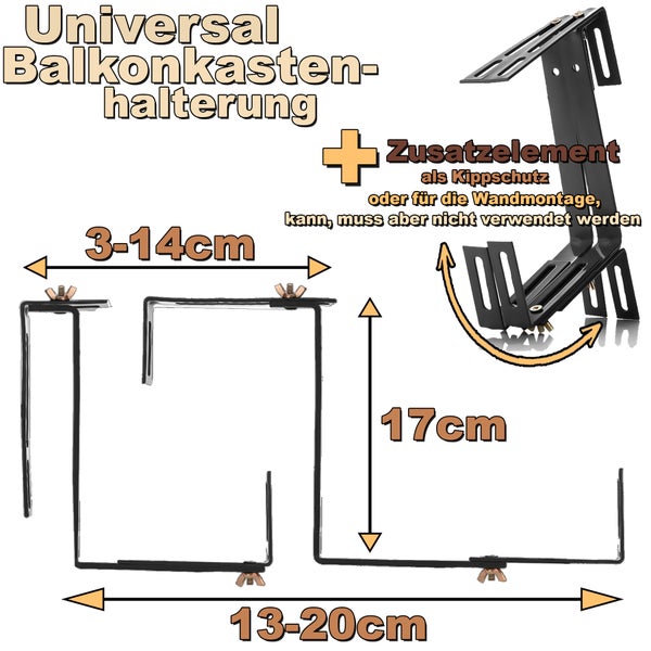 Universal Balkonkastenhalterung mit Abmessungsangaben