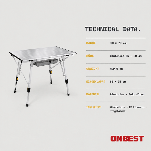 Aufrollbarer Campingtisch aus Aluminium mit technischen Daten zu Maßen in Zentimetern und Gewicht in Kilogramm. ONBEST Logo.