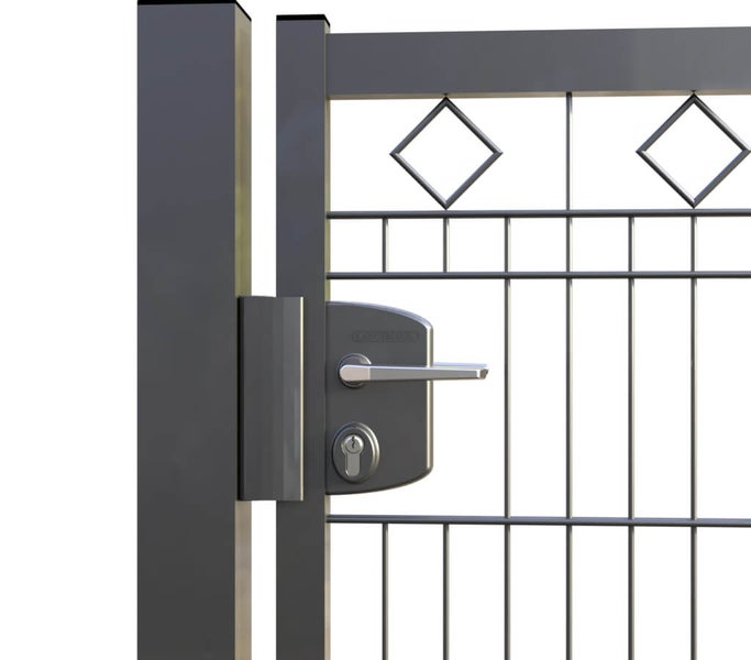 Gartentür ZAUNGURU BASIC-Linie Raute aus Metall, Höhe: 123cm, Breite: 123cm, 1-flügelig inkl. Pfosten, Schloss und Zubehör, Feuerverzinkt und zusätzlich in RAL 7016 Anthrazitgrau pulverbeschichtet