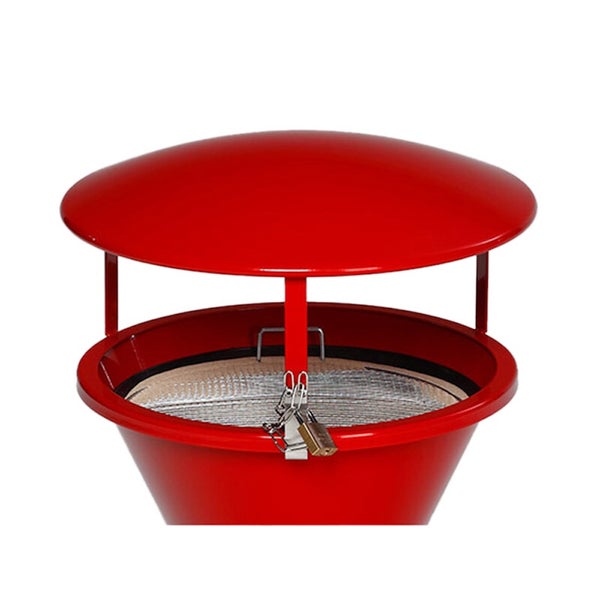 Roter Metall-Standascher mit Haube, Siebeinsatz und Vorhängeschloss.