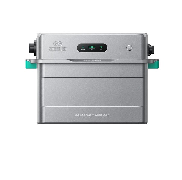 Silberner Zendure SolarFlow 1600 AC plus Batteriespeicher für Solarenergie mit Display und Zendure Logo.