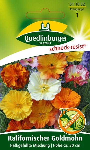 Rückseite einer Samentüte für Kalifornischen Goldmohn mit Hinweisen zu Aussaat, Keimung und Blütezeit sowie Barcode und TEKWEST Logo.