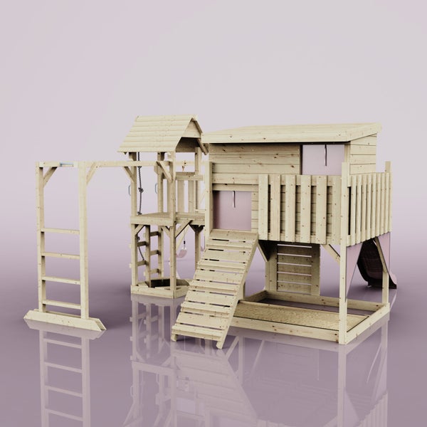 Spielturm aus Holz mit Rutsche, Schaukel und Klettergerüst für den Garten