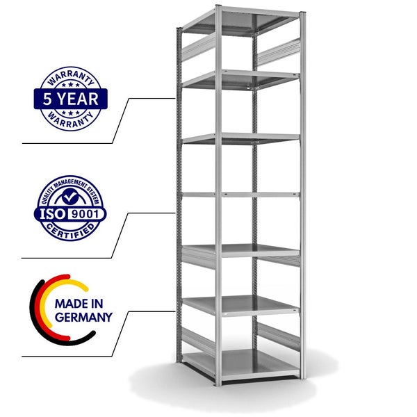 PROREGAL Fachbodenregal Stecksystem T-Profil Medium-Duty Grundregal HxBxT 300 x 75 x 80 cm 7 Ebenen Fachlast 230 kg Beidseitig Nutzbar Verzinkt