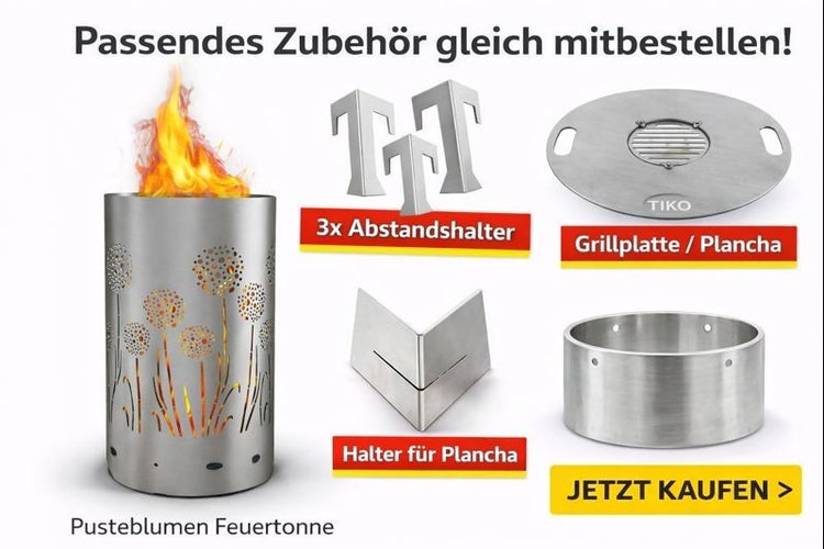 Pusteblumen Feuerstelle mit Zubehör: drei Abstandshalter, Grillplatte, Halterung