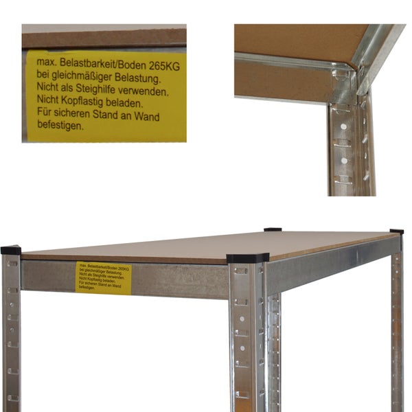 Detailansicht eines Metallregals mit Holzboden und einem Aufkleber mit Sicherheitshinweisen zur maximalen Belastbarkeit