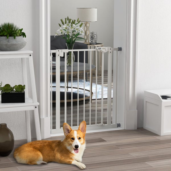 PawHut Türschutzgitter Hunde, Absperrgitter, 74-80 cm, Treppenschutzgitter für Haustier, Hundegitter inkl. verschiedene Verlängerungen, Schutzgitter ohne Bohren, Metall, Kunststoff, Weiß