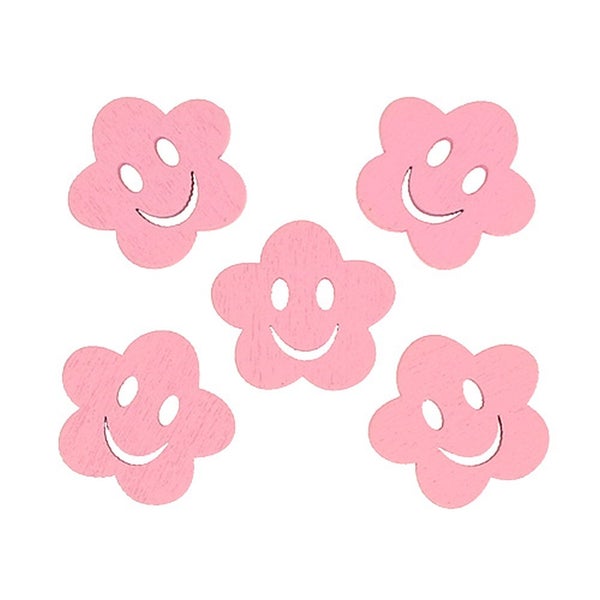 Fünf rosafarbene, hölzerne Streudeko-Blumen mit Smiley-Gesicht