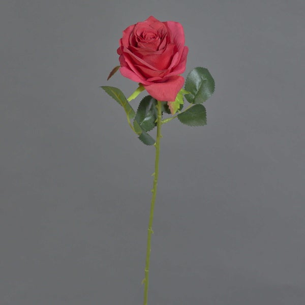 Künstliche Rose in Rot mit grünem Stiel und Blättern.