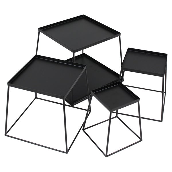 Set aus vier schwarzen Pflanzenständern aus Metall mit quadratischen Ablagen in verschiedenen Größen.