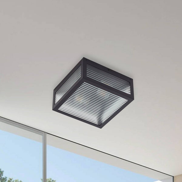 Quadratische Deckenleuchte mit schwarzem Rahmen und geriffeltem Glas im Industriedesign.