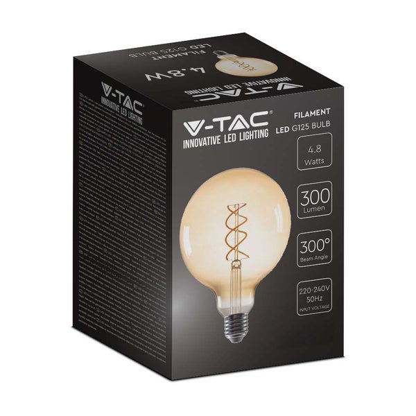V-TAC LED-Filament-Leuchtmittel G125, 4,8 Watt, 300 Lumen, E27-Sockel, bernsteinfarbenes Glas, spiralförmiger Glühfaden.