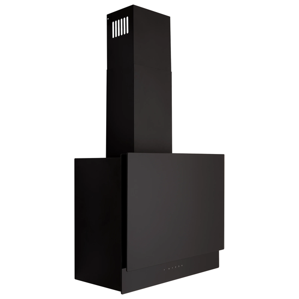 Schwarze Wand-Dunstabzugshaube in Kopffrei-Design mit Kaminverkleidung.