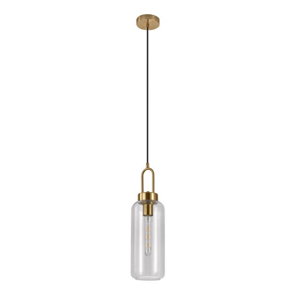 Pendelleuchte mit klarem, zylindrischem Glasschirm, messingfarbenen Metalldetails und schwarzem Kabel.