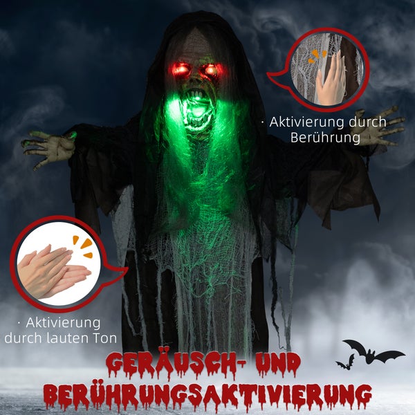 HOMCOM 183cm Halloween Dekoration Hängendes Monster mit grün LED-Lichter, Soundfunktion, Haustür Deko mit verstellbare Arme, Garten Dekofigur in Lebensgröße für Party