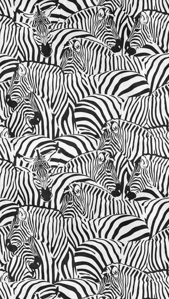 Tapete mit einem Muster aus überlappenden Zebras in Schwarz-Weiß.