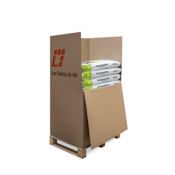 Galamio Gartensubstrat Rasenerde im 40 Liter Sack mit einer Probe der dunklen Erde daneben.