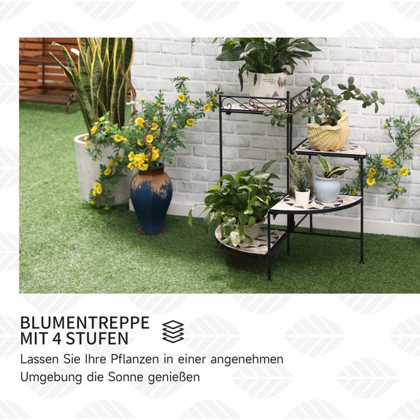 Outsunny Blumenständer 4-Stufe-Blumentreppe faltbar dekorative für Innen und Außen Garten Balkon Metall Keramikfliesen Schwarz+Beige 64 x 64 x 72 cm